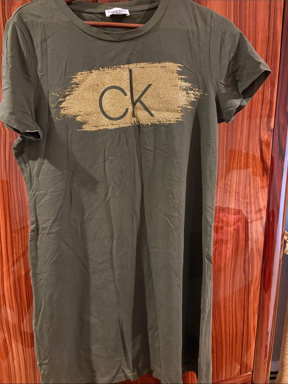 Calvin Klein Olive Green T-Shirt with Gold CK Brush Logo